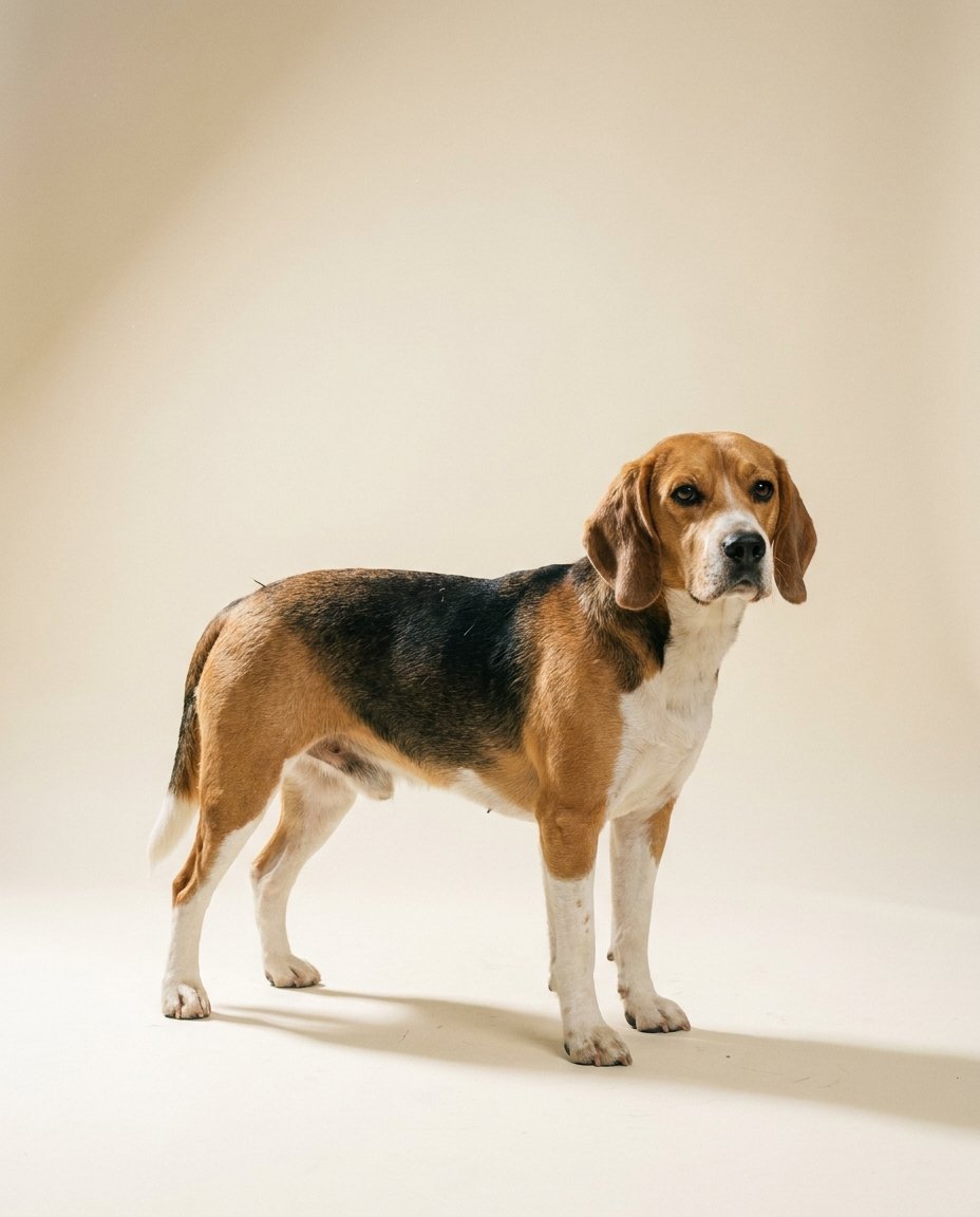 Beagle-harrier tricolore debout de trois quarts sur fond ivoire
