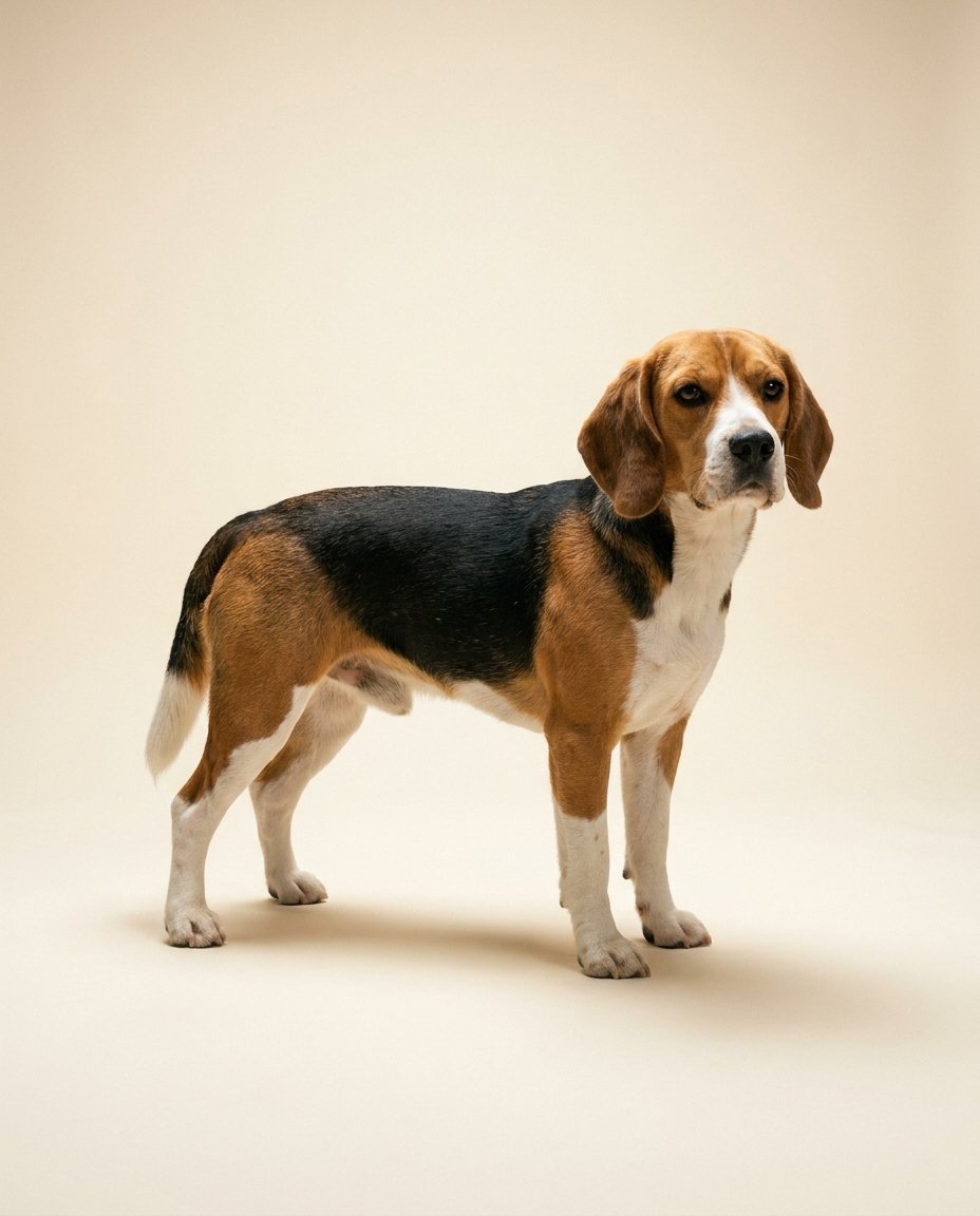 Beagle tricolore debout de trois quarts sur fond ivoire