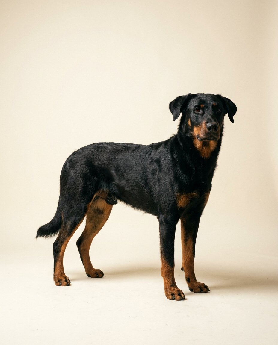 Beauceron noir et feu debout de trois quarts sur fond ivoire