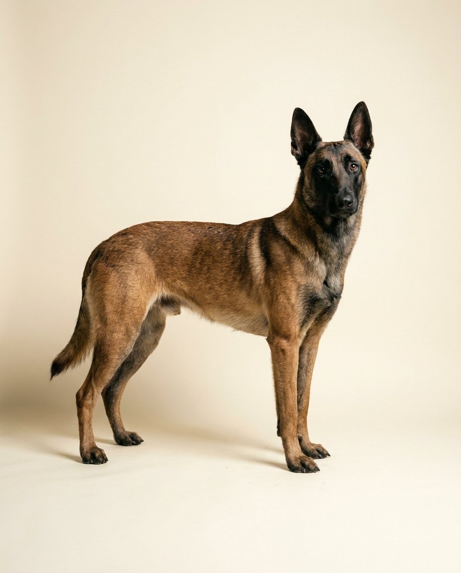 Berger belge malinois debout de trois quarts sur fond ivoire
