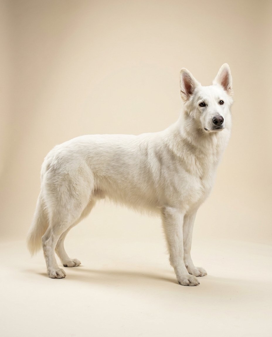 Berger blanc suisse blanc debout de trois quarts sur fond ivoire