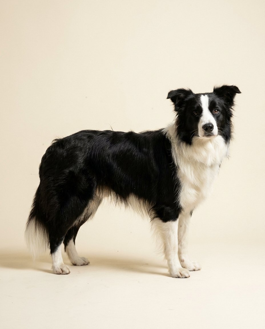 Border collie noir et blanc debout de trois quarts sur fond ivoire