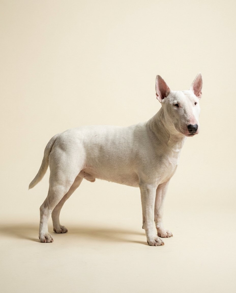 Bull terrier blanc debout de trois quarts sur fond ivoire