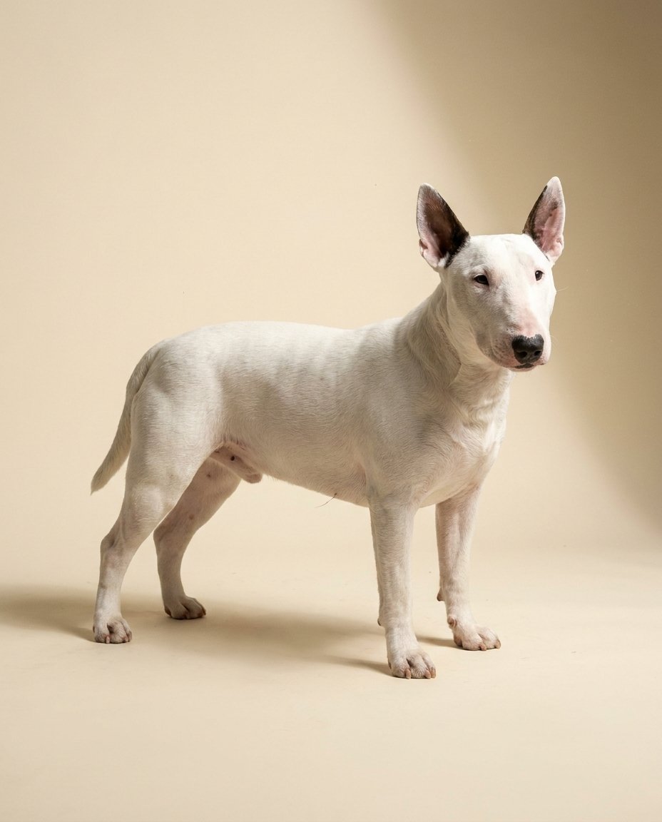 Bull terrier miniature blanc debout de trois quarts sur fond ivoire