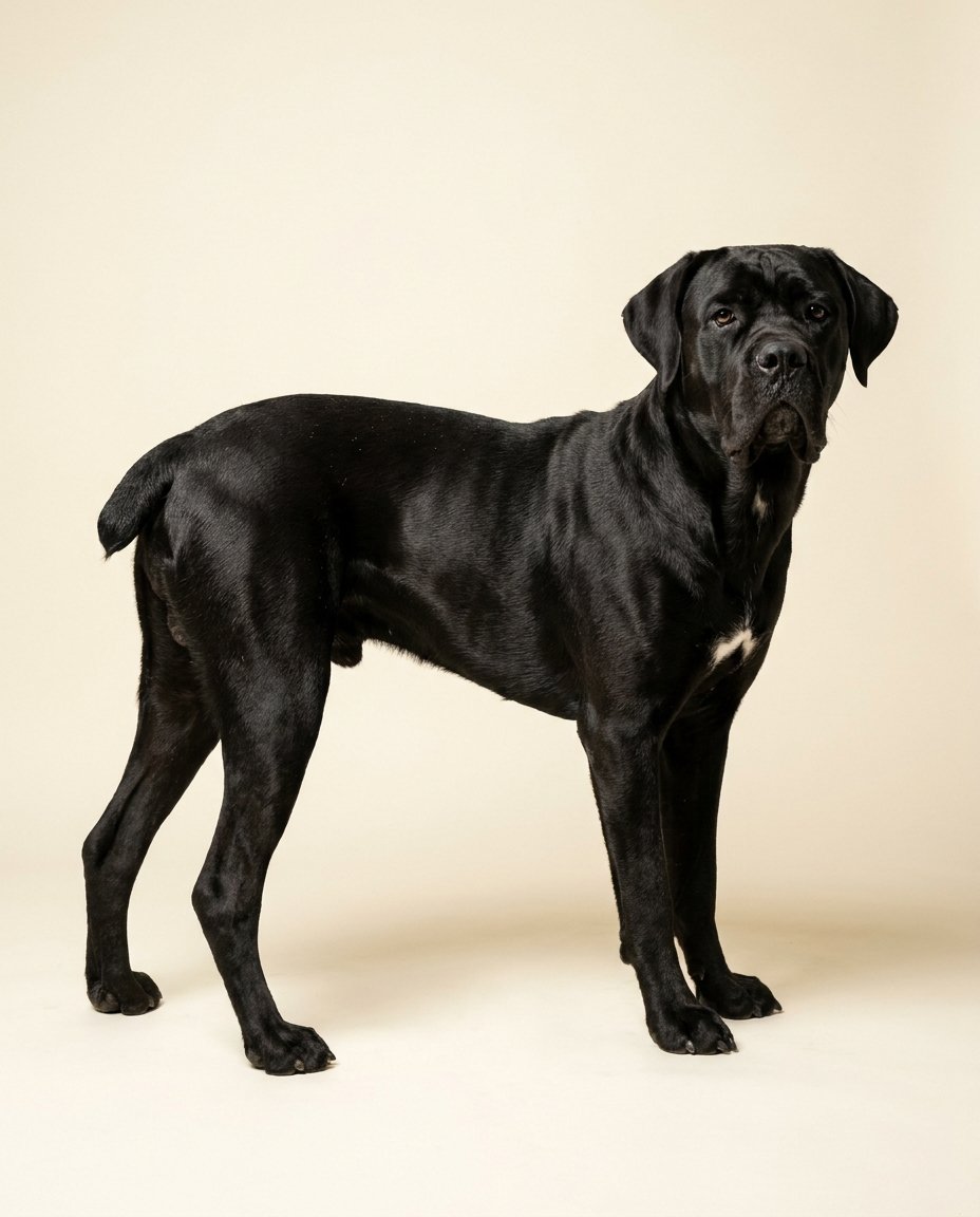Cane corso noir debout de trois quarts sur fond ivoire