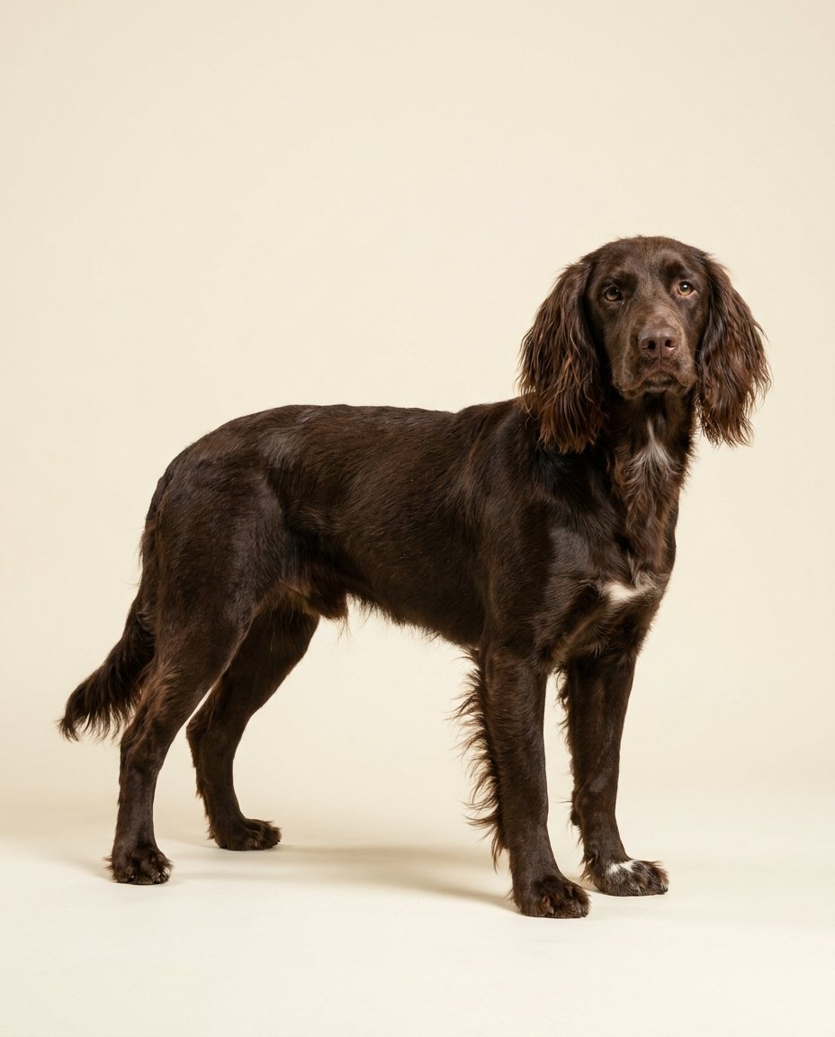 Chien d'oysel allemand brun uni debout de trois quarts sur fond ivoire