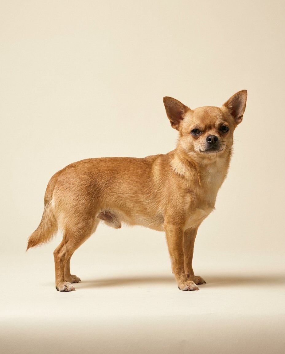 Chihuahua à poil court fauve debout de trois quarts sur fond ivoire