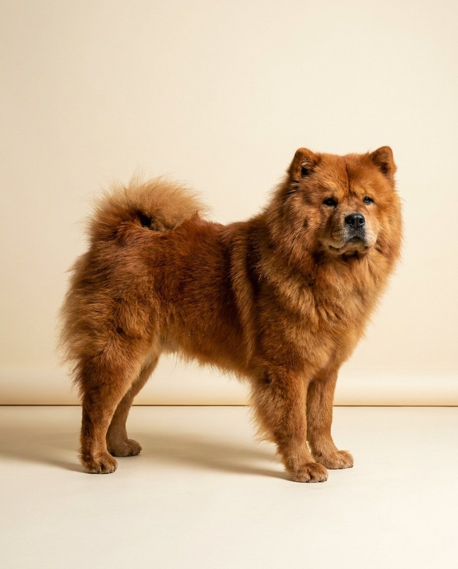 Chow chow rouge poil long debout de trois quarts sur fond ivoire