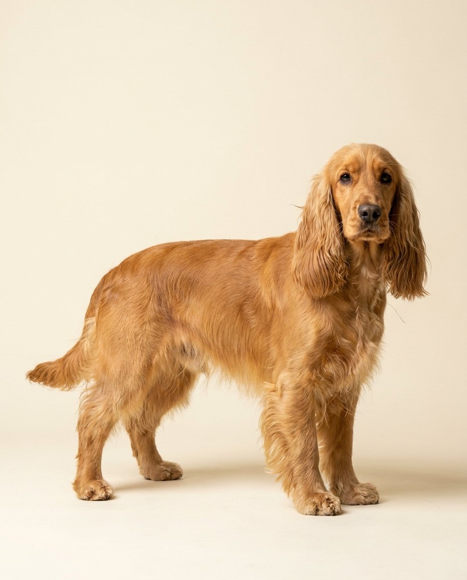 Cocker anglais golden debout de trois quarts sur fond ivoire