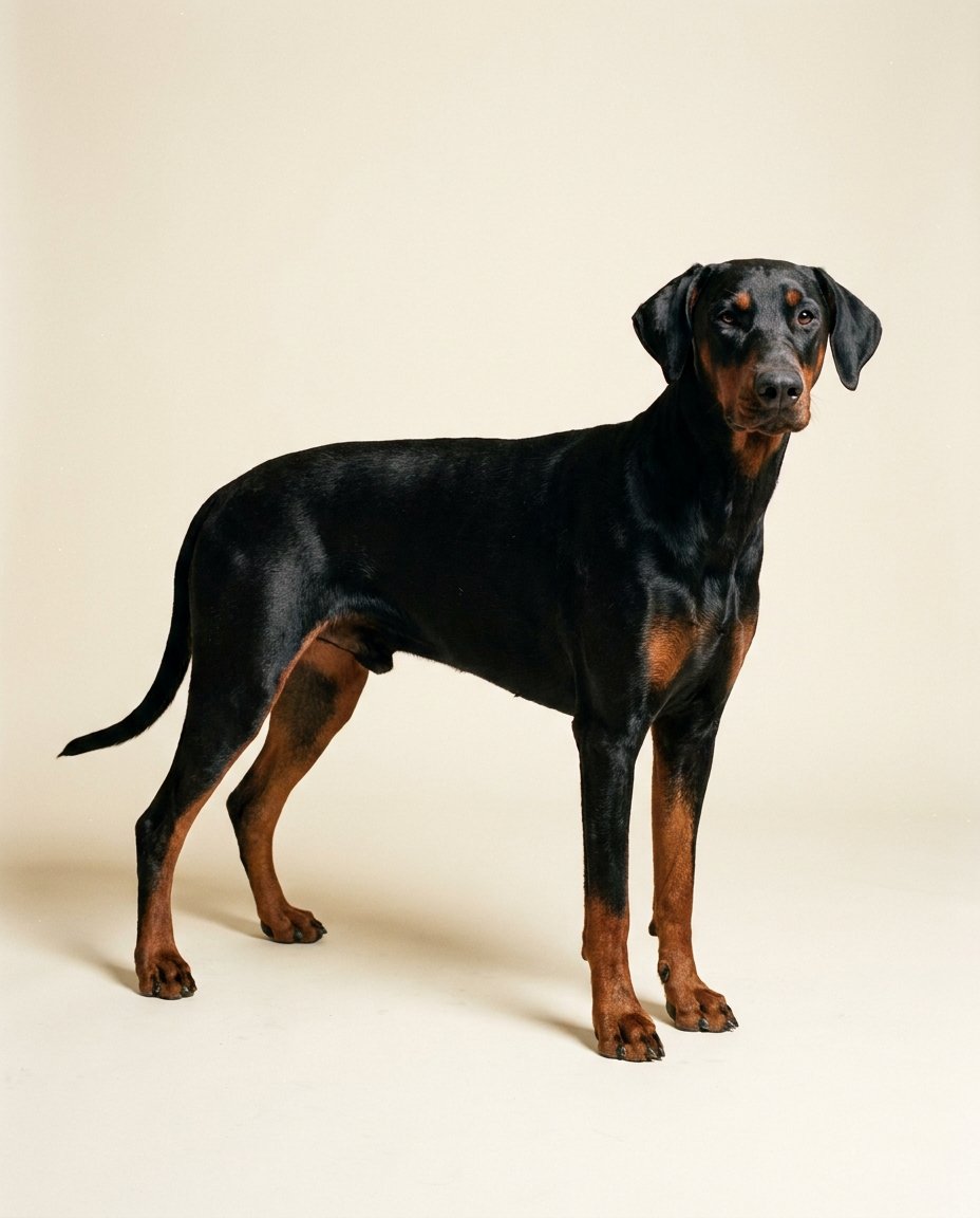 Dobermann noir et feu debout de trois quarts sur fond ivoire