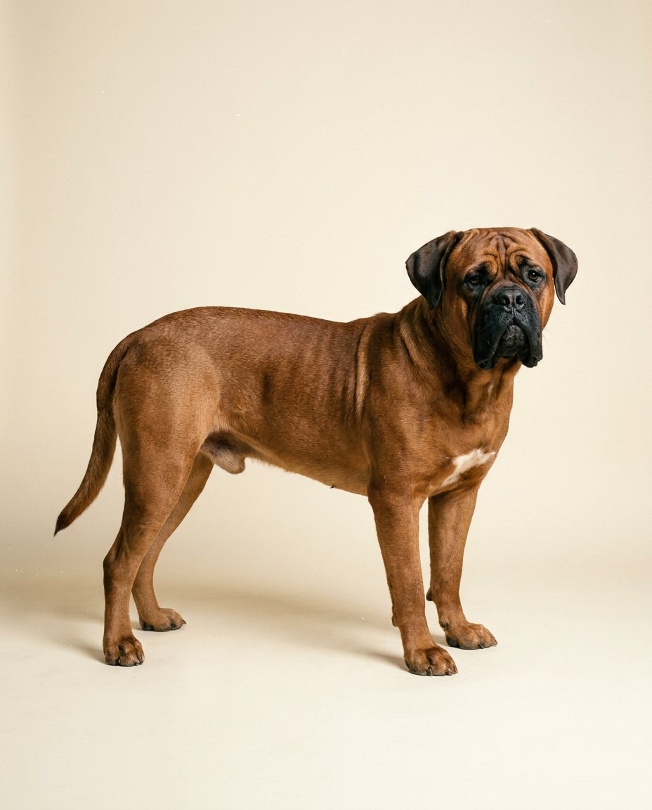 Dogue de bordeaux fauve à masque noir debout de trois quarts sur fond ivoire