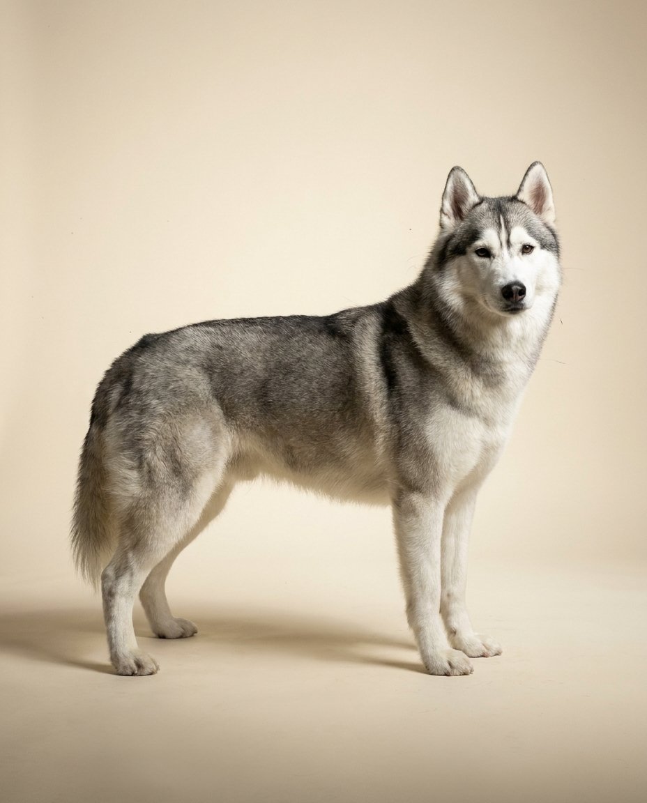 Husky de Sibérie gris et blanc debout de trois quarts sur fond ivoire