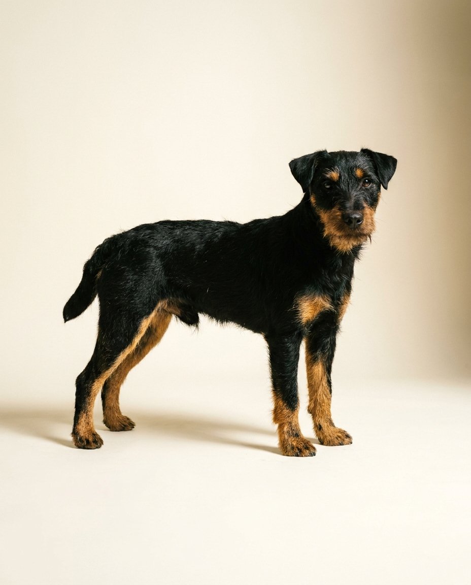Jagdterrier noir et feu poil dur debout de trois quarts sur fond ivoire