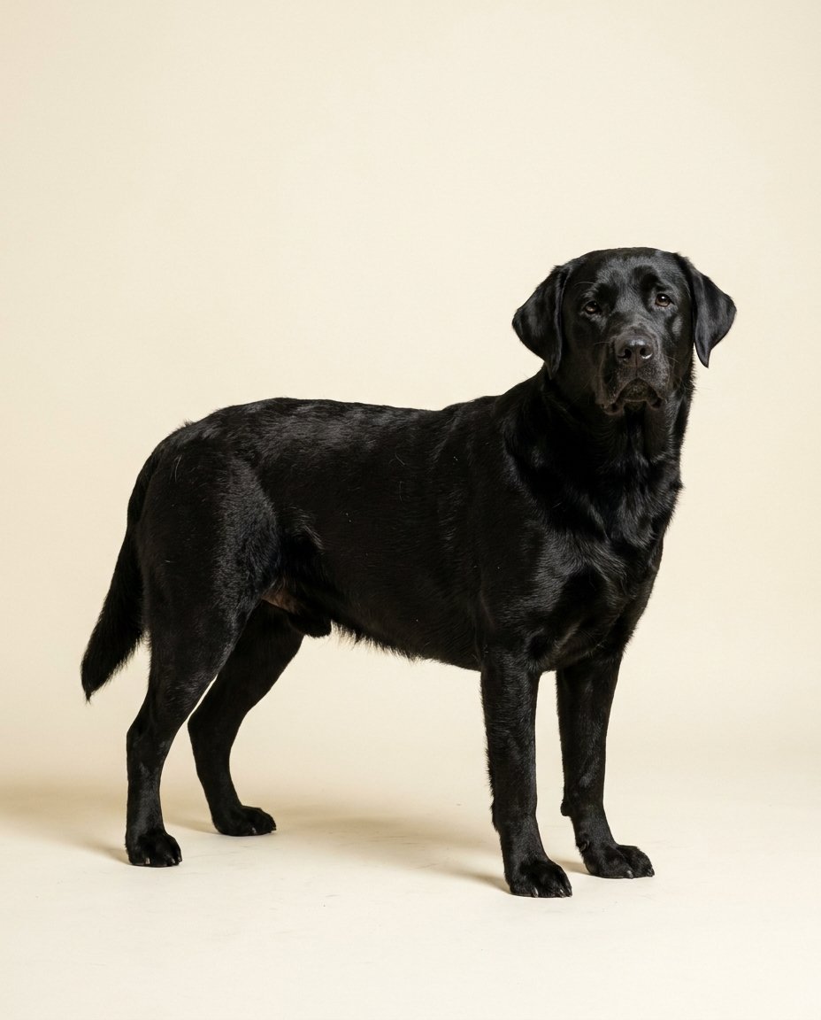 Labrador retriever noir debout de trois quarts sur fond ivoire