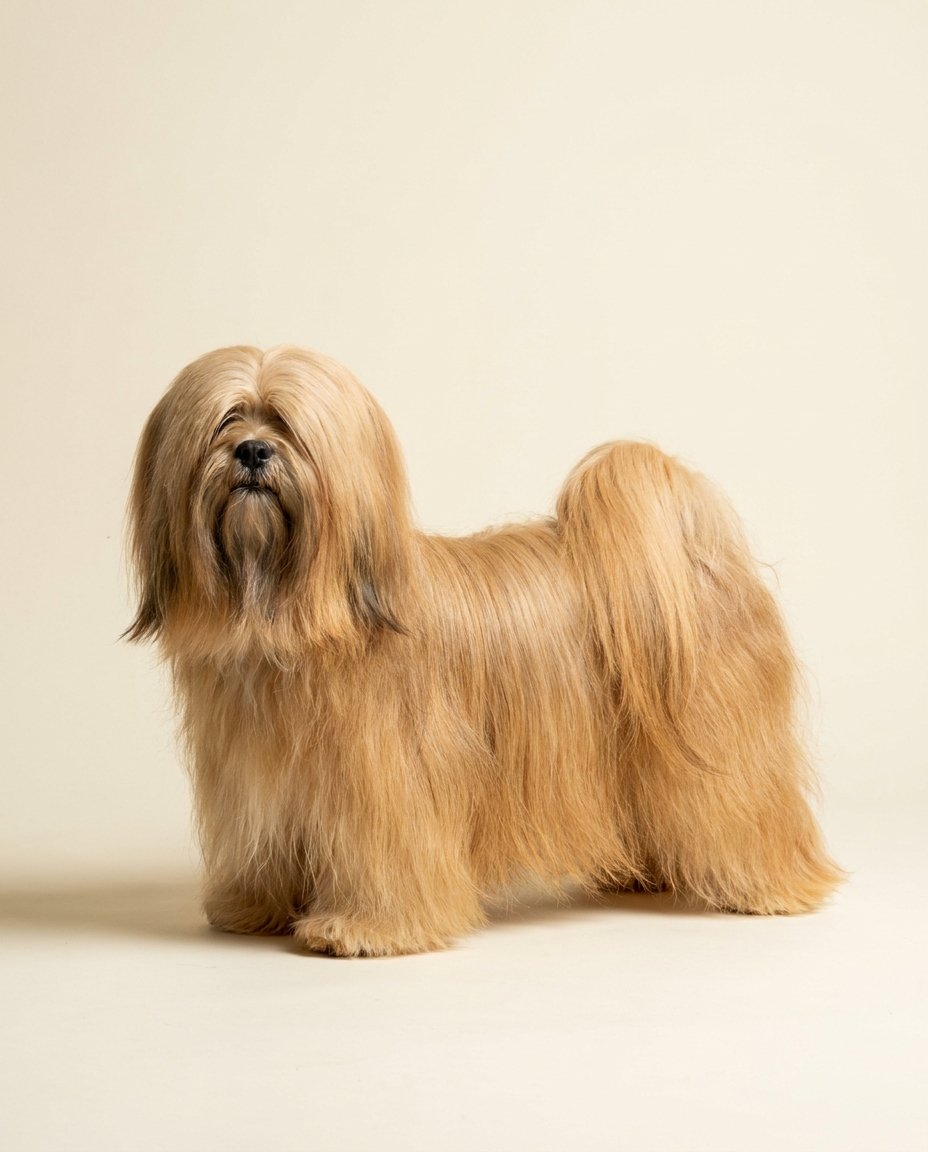 Lhassa apso doré debout de trois quarts sur fond ivoire