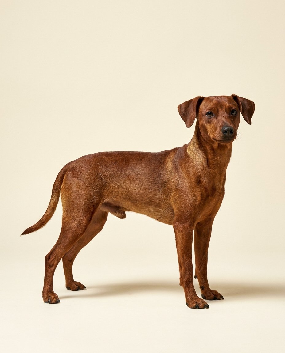 Pinscher nain rouge cerf debout de trois quarts sur fond ivoire