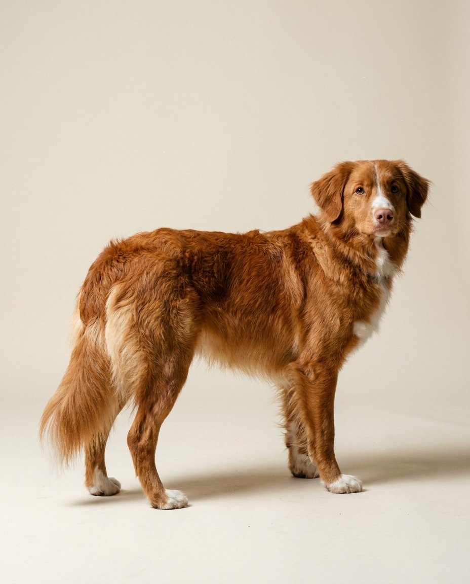 Retriever de la Nouvelle-Écosse roux debout de trois quarts sur fond ivoire