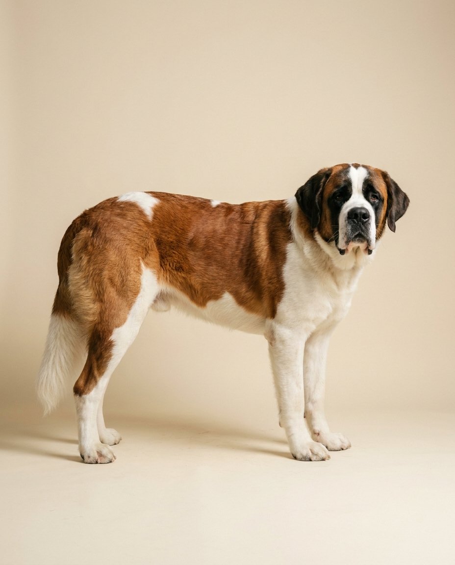 Saint-bernard panaché poil court debout de trois quarts sur fond ivoire