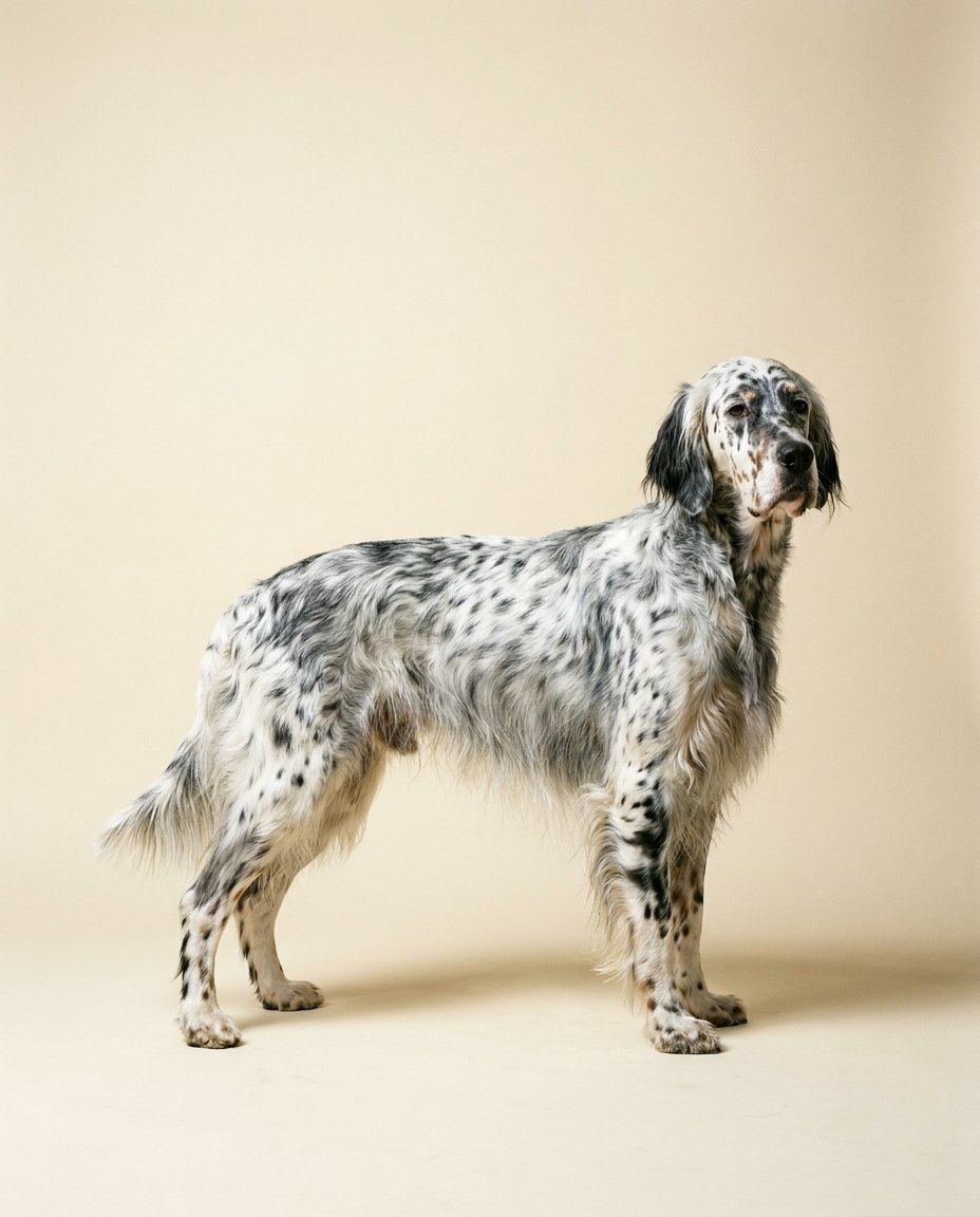 Setter anglais bleu belton debout de trois quarts sur fond ivoire