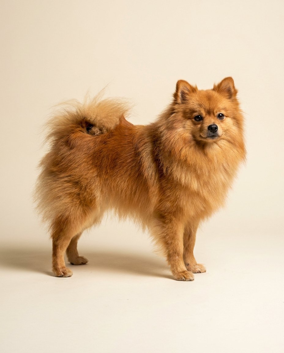 Spitz allemand nain orange debout de trois quarts sur fond ivoire