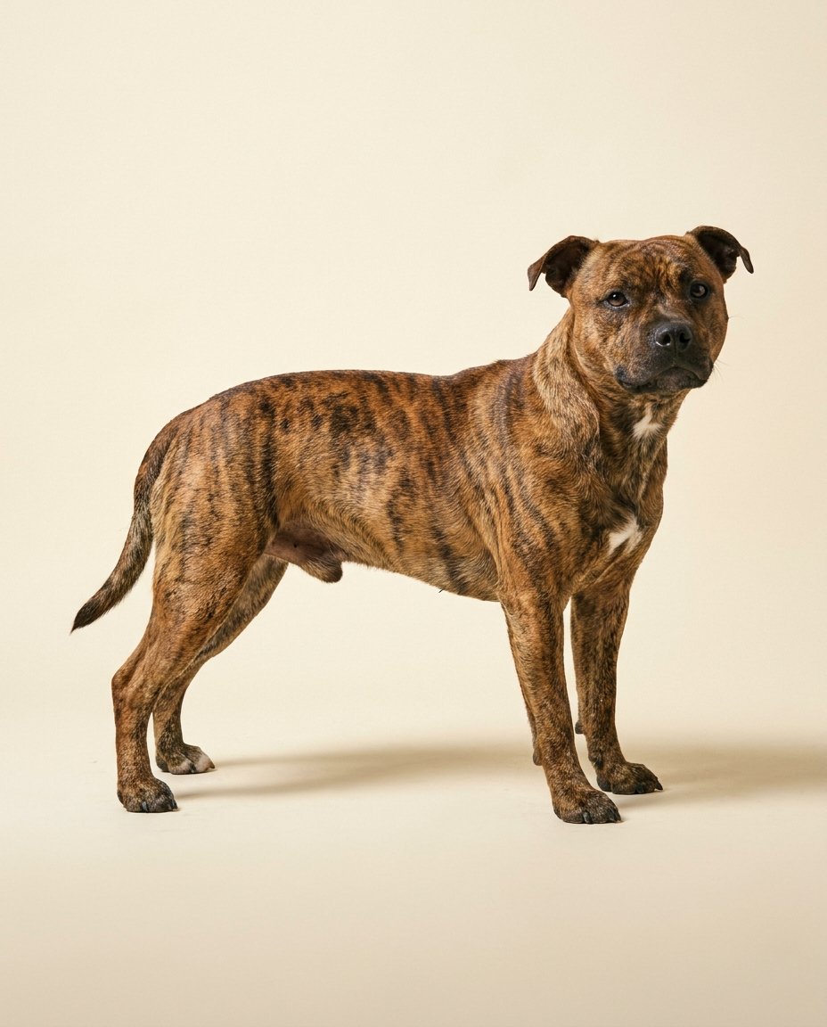 Staffordshire bull terrier bringé debout de trois quarts sur fond ivoire