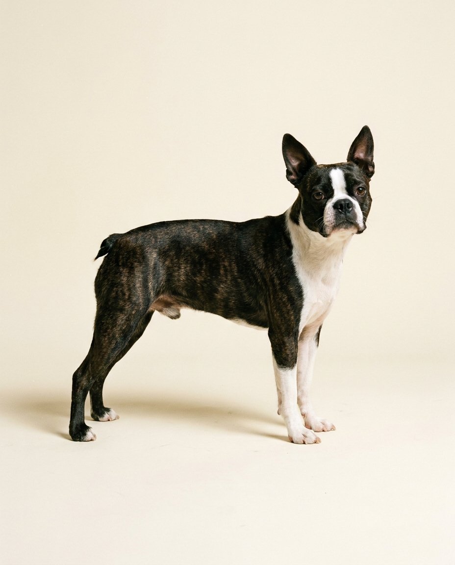 Terrier de Boston bringé panaché de blanc debout de trois quarts sur fond ivoire